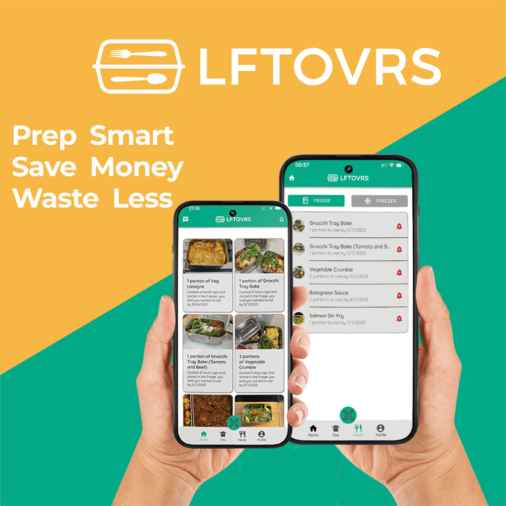 Two LftOvrs app screens showing meals and fridge tracking